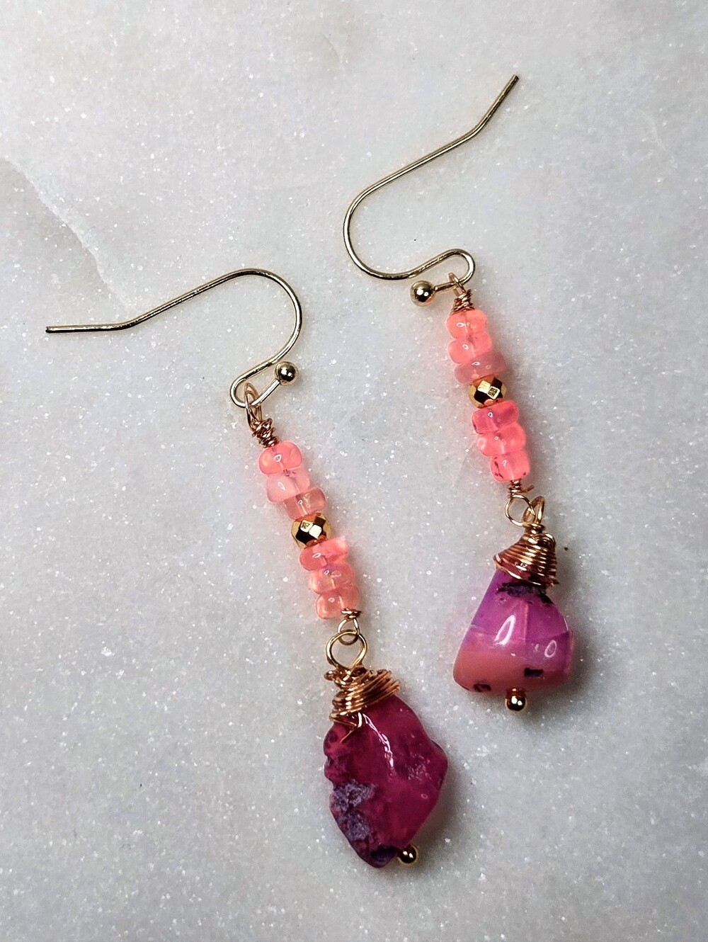 Natural Stacked Ethiopian Welo Pink Opal In Artisan Made Gold Plated Earrings